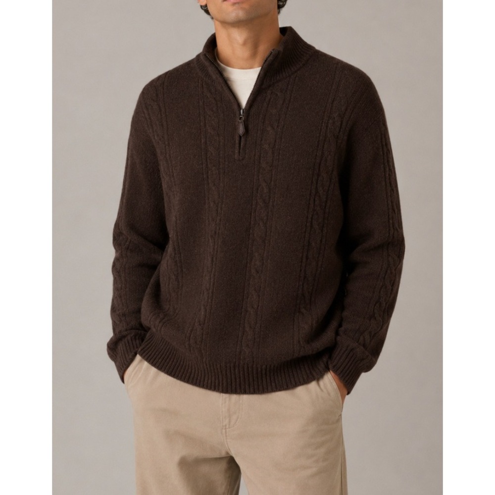 Daniel Bishop Mens Brown 100% Cashmere Cable Knit Quarter 1/4 Zip Sweater Size L